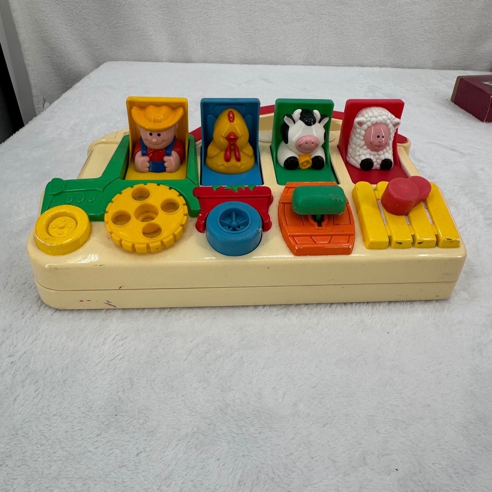 Vintage 1993 Fisher-Price Pop-Up Farm Animals Baby Activity Toy Farmer Cow Sheep